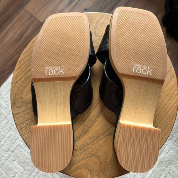 Nordstrom Rack Black Leather Crisscross Open-Toe Slip-On Sandals With Wooden Blo - Picture 10 of 10